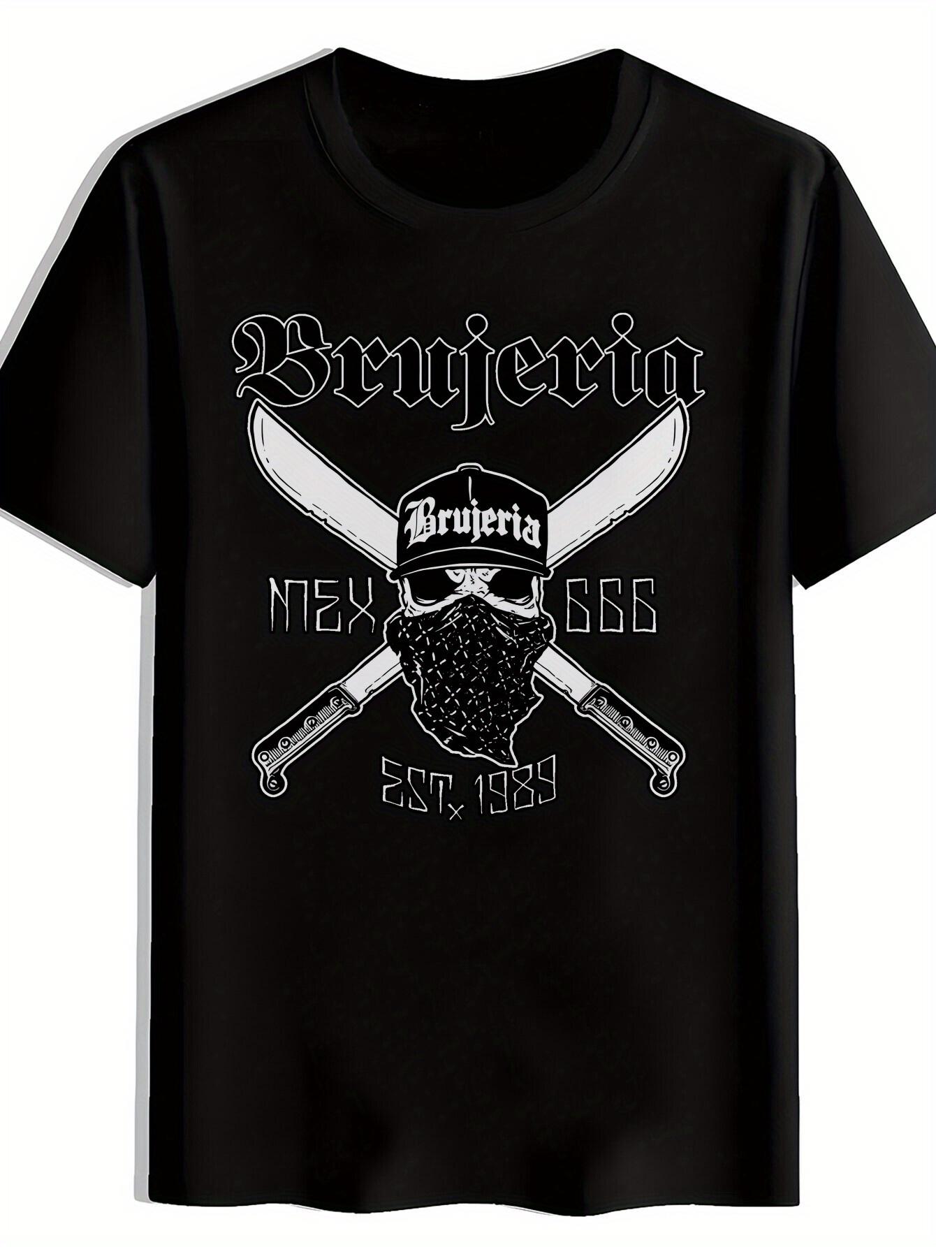 Black T-shirt with Bold Brujeria Graphic Print - Skull & Crossbones Design S
