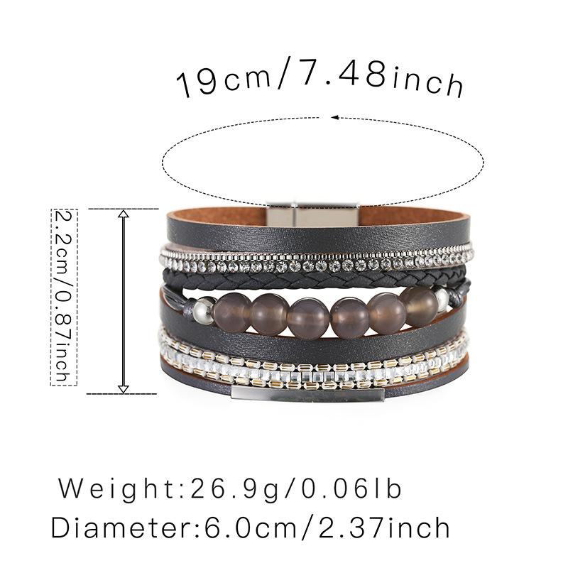 Bohemian Retro Multilayer Women Glass Drill Leather Magnetic Buckle Bracelet