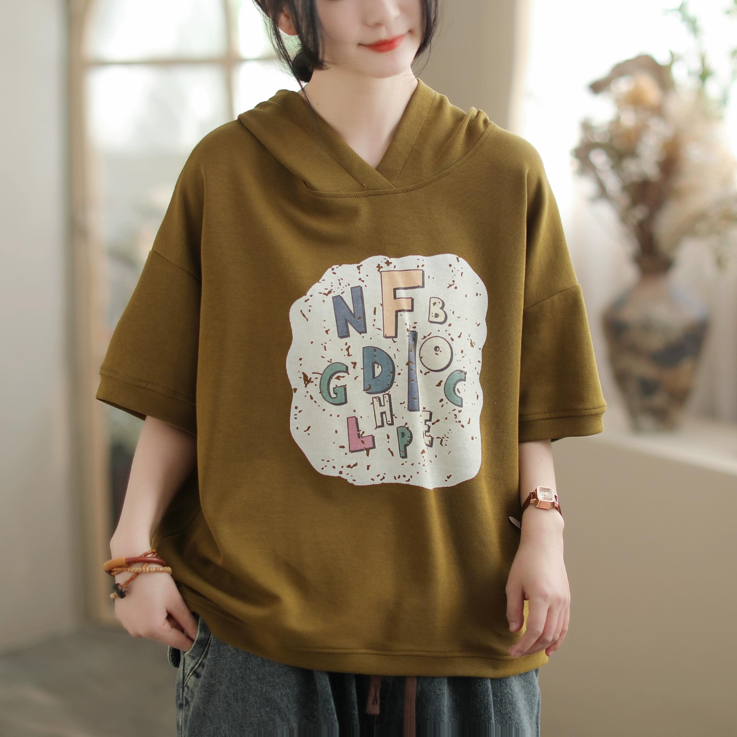 

DIMANAF 2025 толстовка с капюшоном летние топы хлопковая футболка женская с буквенным принтом короткий рукав свободные оранжевые футболки One size