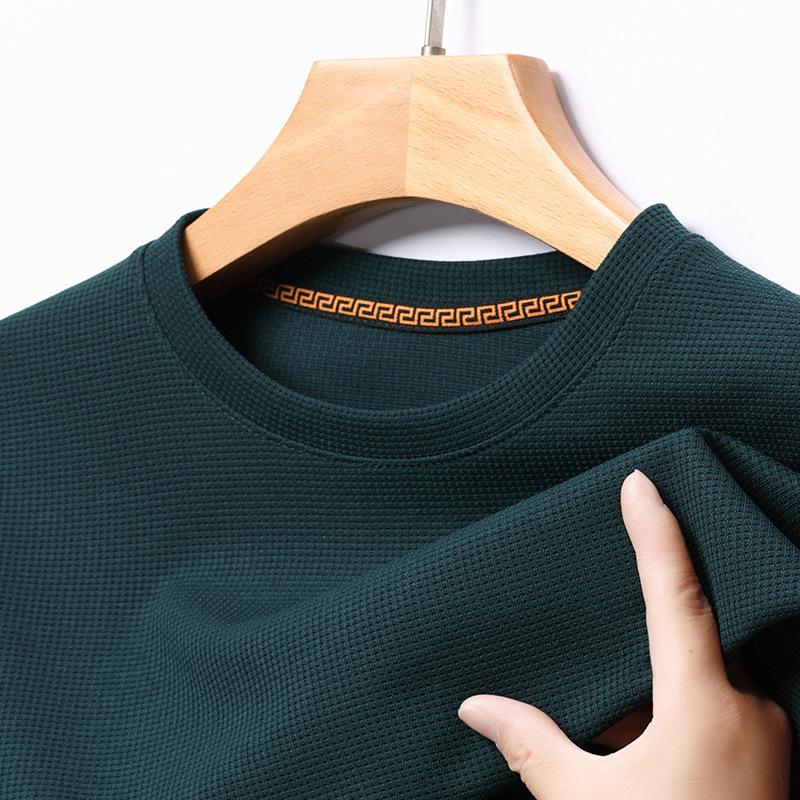 Men's Waffle Knit Long-Sleeve Hoodie - Solid Color Versatile Round Neck T-Shirt for Spring and Autumn