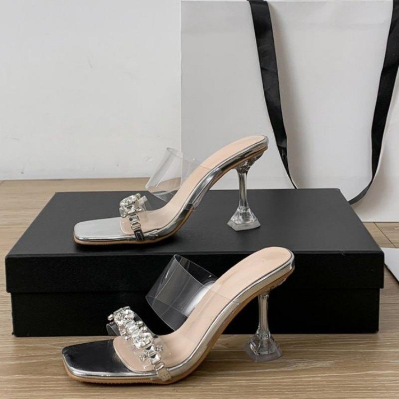 

Transparent cool slippers women s outer wear summer new trendy and sexy niche rhinestone crystal high heel drag 40 срібний