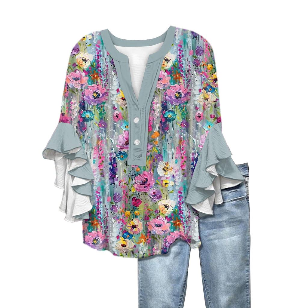 Summer Women's Tops V-Neck Seven Sleeve Shirt Spring Summer Floral Printed Tops Casual Shirt