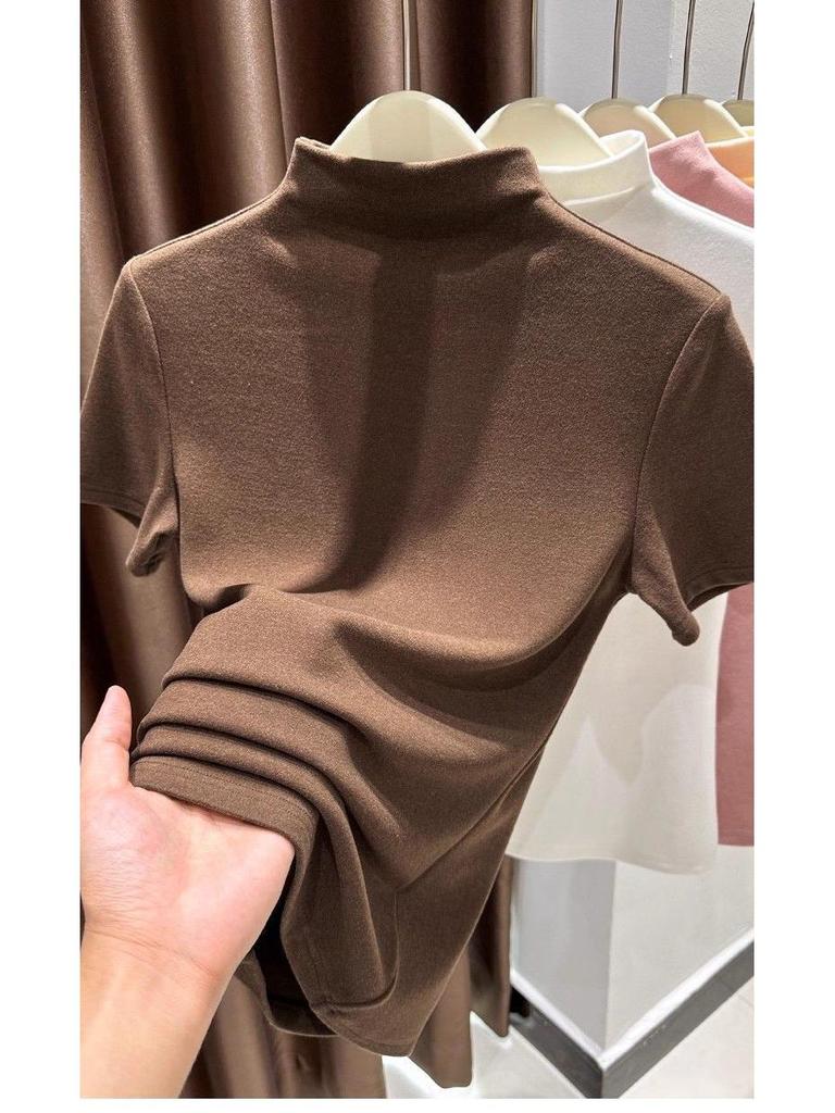 2026 Women's Double-Sided Slim-Fit Half-High Collar Base Layer Top, Thickened, Short-Sleeved, High-End Feel.