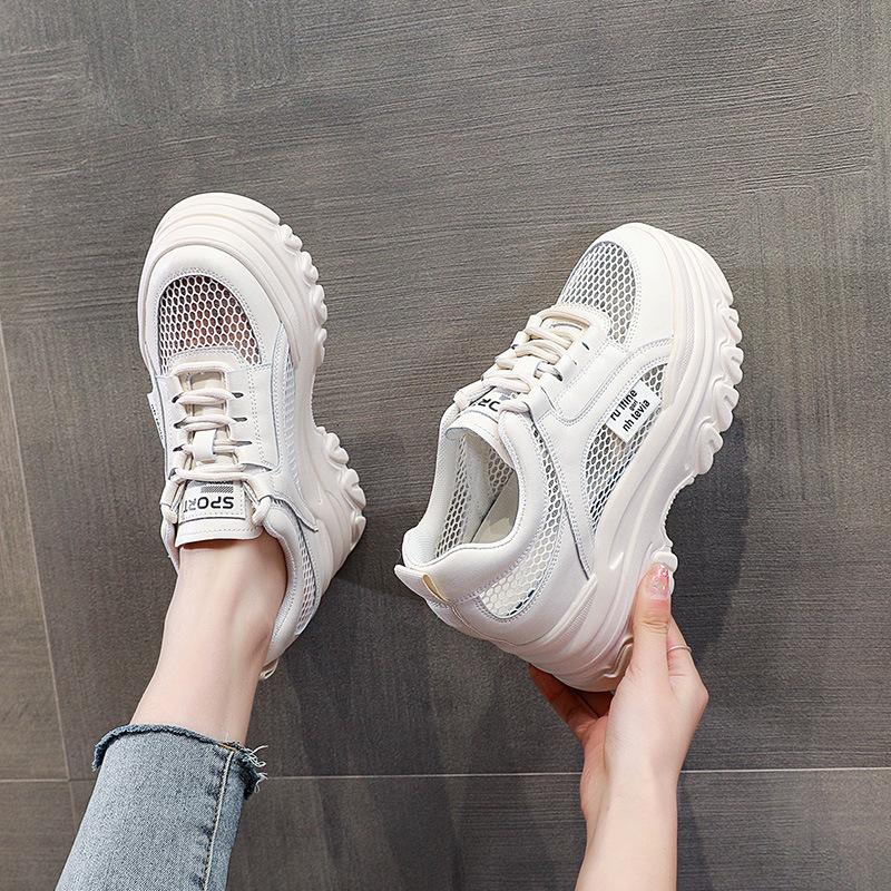 Mesh Inner Height Increase White Shoes Women's Spring and Summer New Breathable Thick-soled Muffin Casual Shoes Women