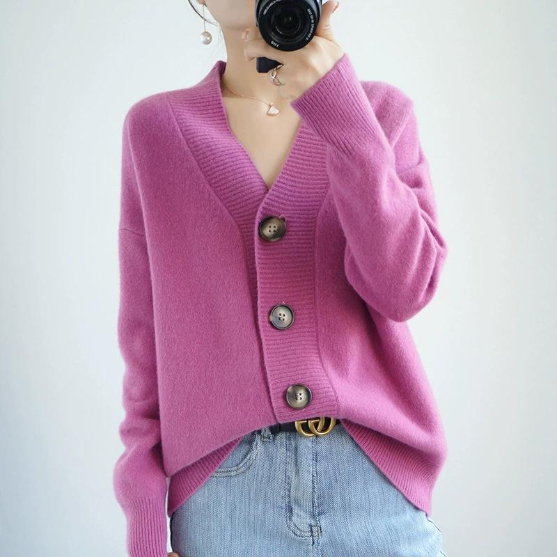 Spring and Autumn Loose Plus Size Cardigan Women's V-neck Knitted Sweater Solid Color Button Lazy Jacket Top