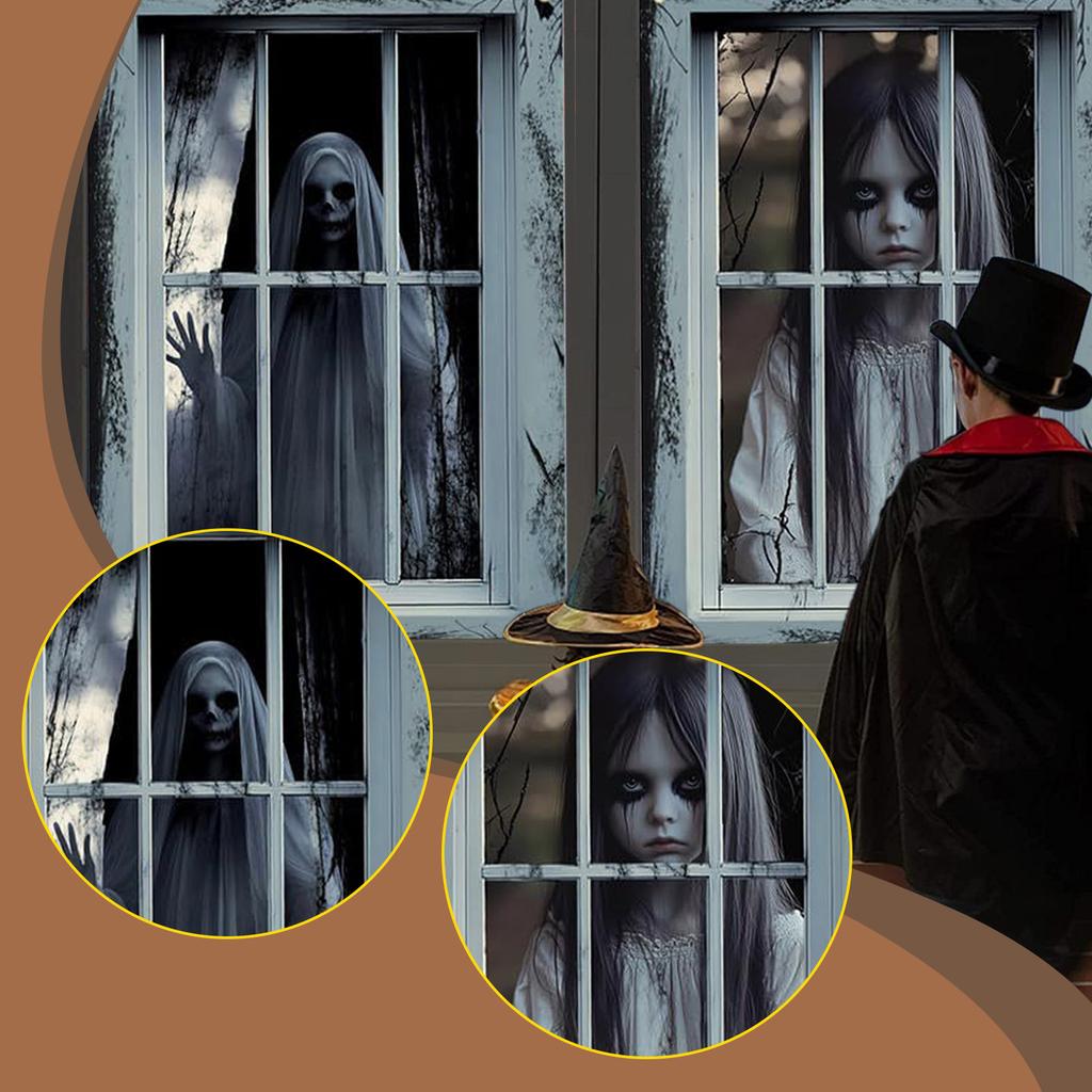 2Pcs Door And Window Curtain Background Hanging Cloth Horror Ghosts Window Silhouette for Halloween Terrify Party Hanging Decor