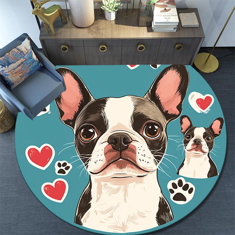 Okrągły dywanik z buldogiem francuskim, Dywanik do salonu, sypialni, przy sofie, pokoju zabaw, Mata podłogowa antypoślizgowa