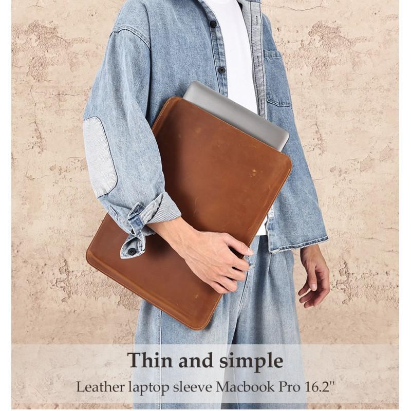 Genuine Leather Laptop Sleeve 14 Inch MacBook IPad Pro Urban Minimalist Inner Case With Crazy Horse Finish