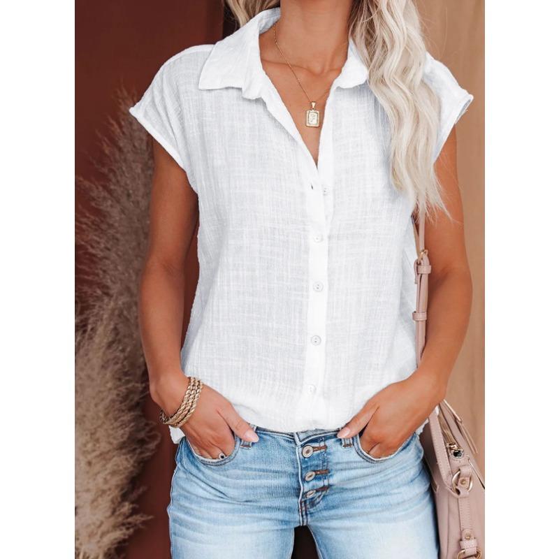 Women Cotton Shirts Vintage Solid Color Short Sleeve Button Harajuku Loose Blouses and Tops Casual Ladies Tunic Oversize T-Shirt