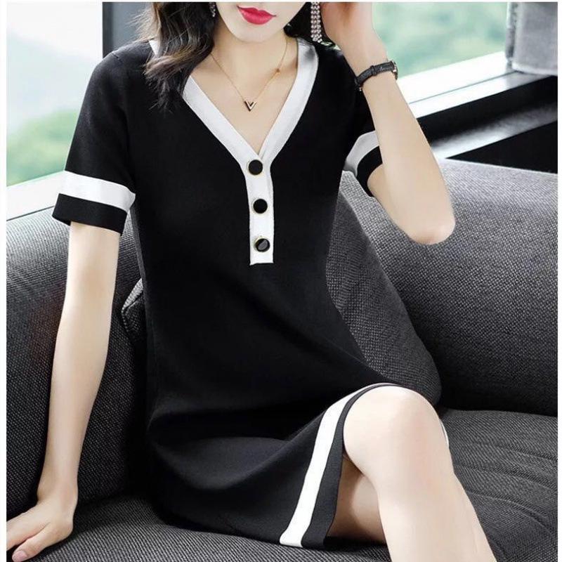 Summer 2025 Women's V-neck Slimming Plus Size Knit Dress