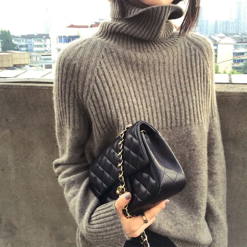 

High neck pullover sweater women s autumn and winter new solid color lazy basic pit strip loose bottoming knitted sweater average size