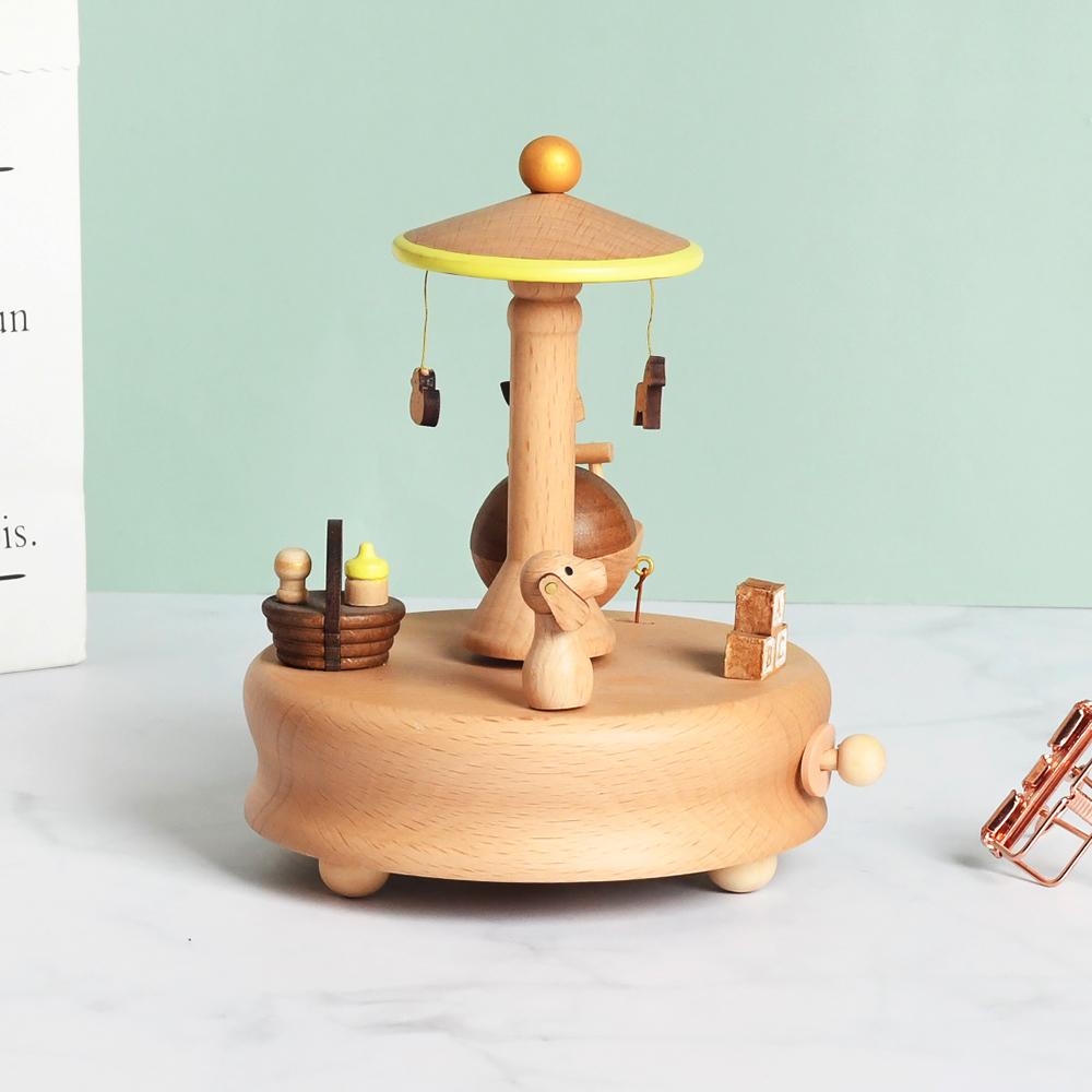 Custom Logo Wooden Music Box 18-Note Mechanical Wind-Up Rotating Carousel Ballerina Gift OEM