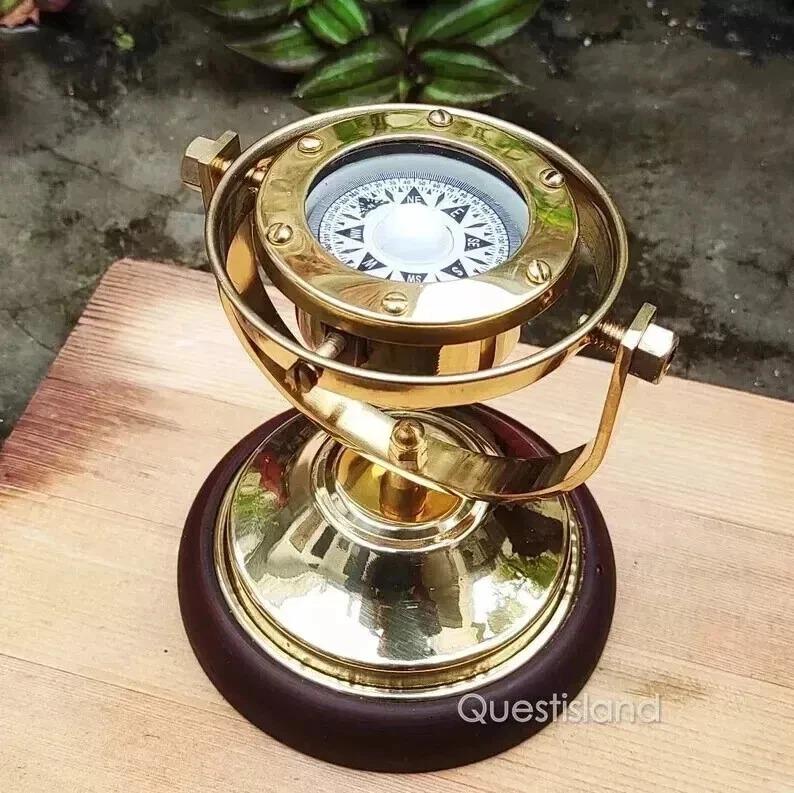 Brass Gimbal Compass Working With Wooden Base Beautiful Collectible