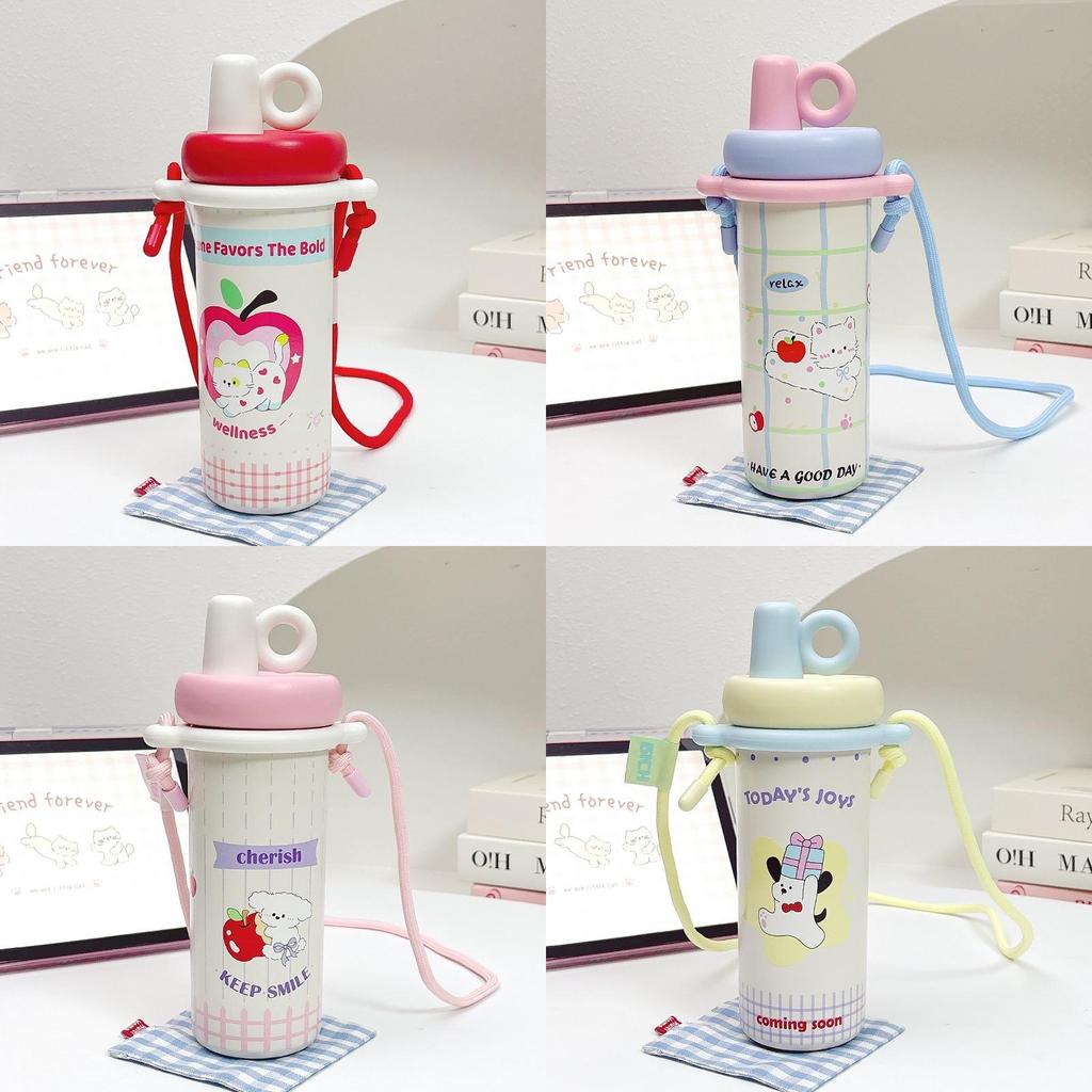 Cute Cat 600ml Insulated Water Bottle With Double Drinking Straws For Kids And Teens