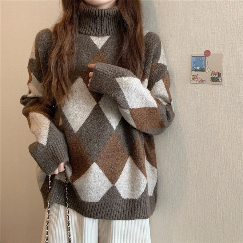 2023 Korean Retro Diamond Plaid Color Block Thick Warm Loose High Neck Sweater for Women