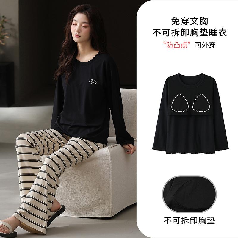 Pajamas Women's 1011 New Spring and Autumn High-end Pure Cotton with Chest Pads, Long Sleeves, Red Loungewear In Autumn