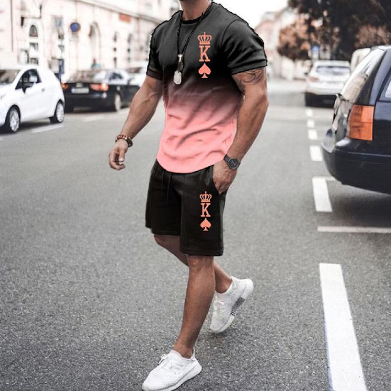 Summer Casual Men's Adult Set 3D Printed Pattern Men's Short-Sleeved T-shirt Set Gradient Cool Casual Sports Shorts two-Piece