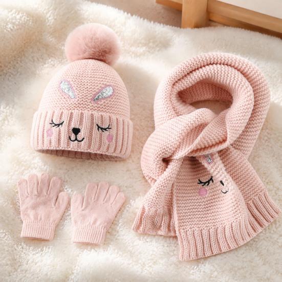 Winter Gift Set for Boys Girls Hat Gloves Scarf Kids, Warm Knitted Pompom Hat, Cute And Kids Bunny Embroidery, Cozy Ages 2 to 6
