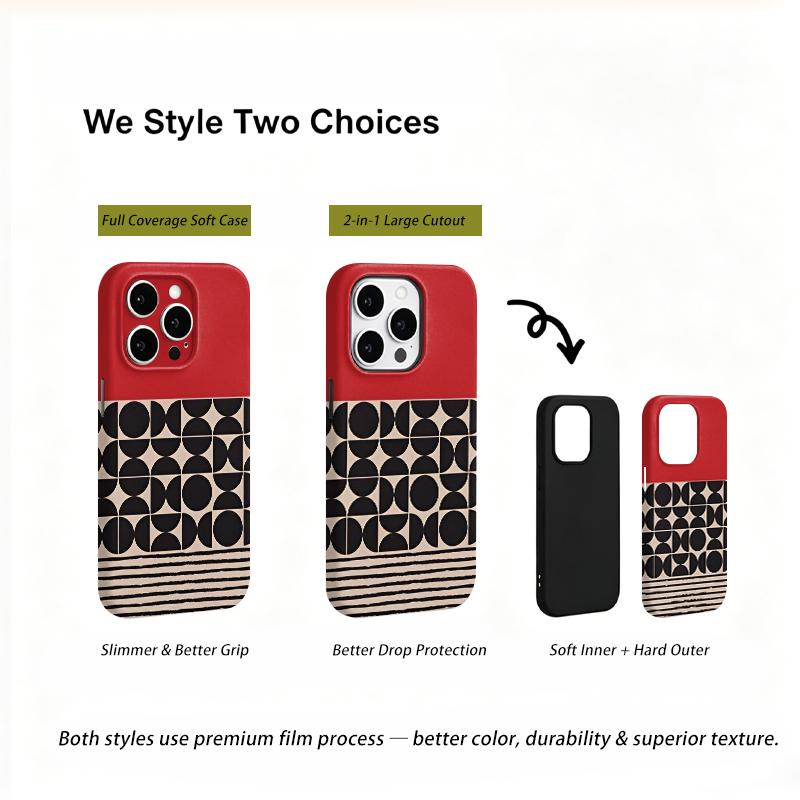 Aesthetic Modern Retro Red Black Geometric Half Circle Striped Film Art Protective Shockproof Bumper Shell Phone Case For iPhone 14 15 16 Pro Max Plus