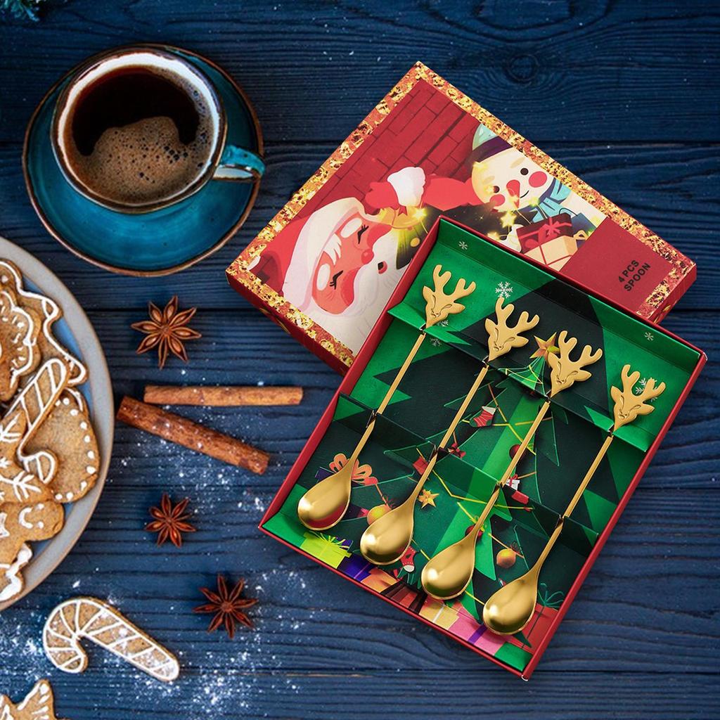 Coffee Stir Spoons 4 Pieces Stainless Steel Christmas Coffee Spoons Decorative Teaspoons Set For Dessert Eating Cooking Cream