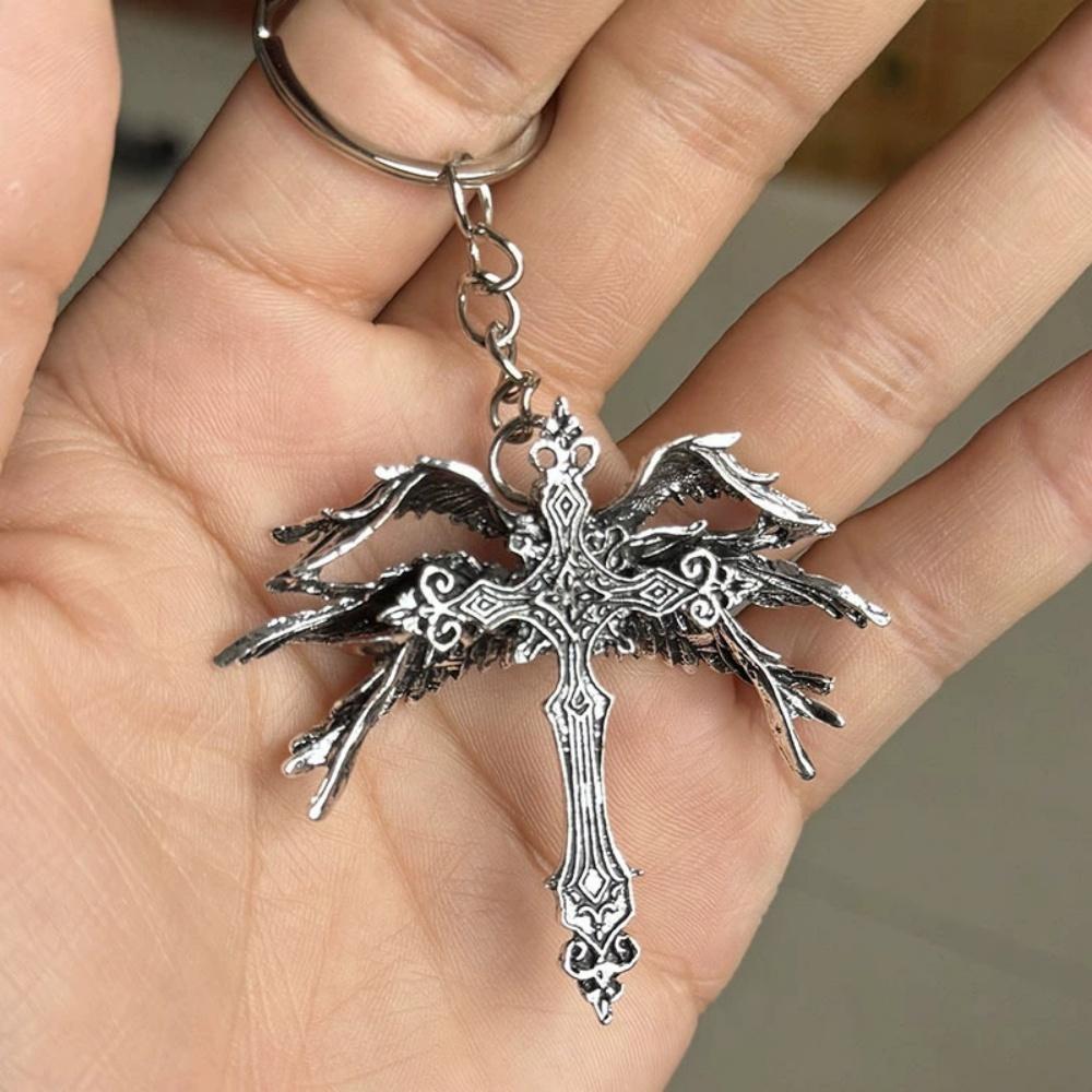 New Retro Six Winged Angel Cross Pendant Necklace keychain European American Unique Exaggerated Fashion Accessory 50cm