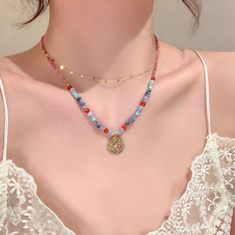 

Titanium steel color round natural stone diamond pendant necklace light luxury high sense fashion temperament versatile temperament necklace
