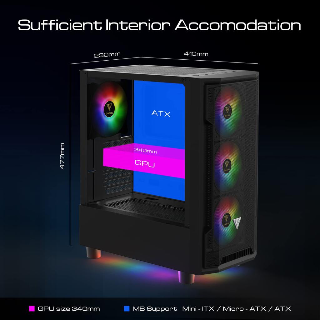 GAMDIAS ATHENA M6 LITE Gaming PC Case Mid-Tower ATX Case Seamless Tempered Glass Windows 4 Built-in 120mm ARGB Fan Triple Sides Underglow Mesh Front