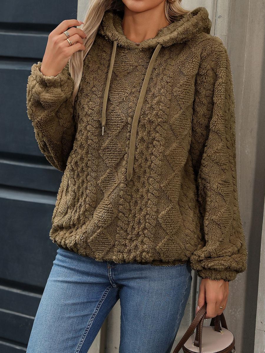

Fluffy Fleece Ribbed Knit Long Sleeve Loose Hooded Sweatshirt XL темные хаки