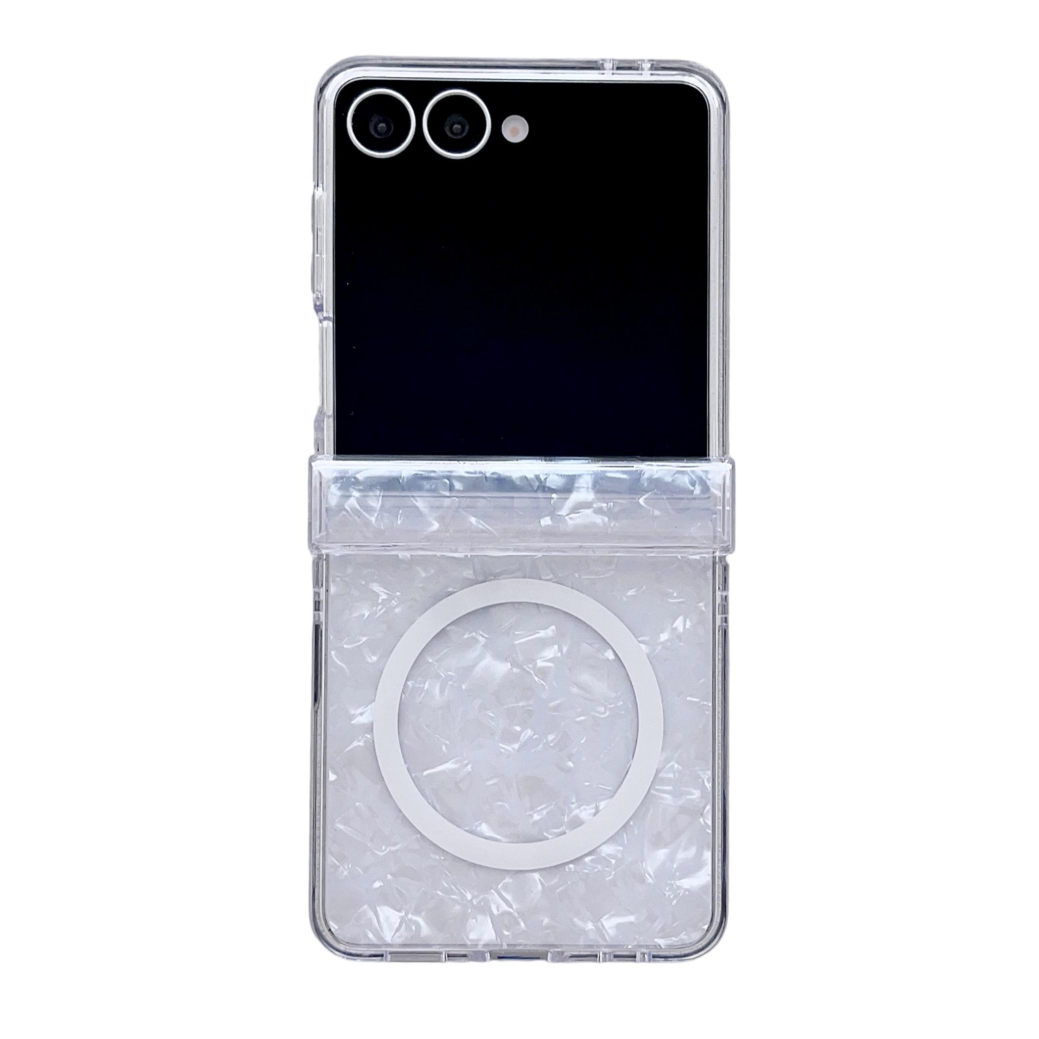 

Роскошный блестящий чехол для телефона с магнитным креплением и рисунком раковины Bing Bimg для Samsung Z Flip 7 6 5, чехол-подставка с противоударной защитой Galaxy Z Flip7 белый