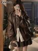 Brown Leather Jacket Women Autumn Korean Style Newest Sexy Girl Motorcycle Loose Long Sleeve Coat Top