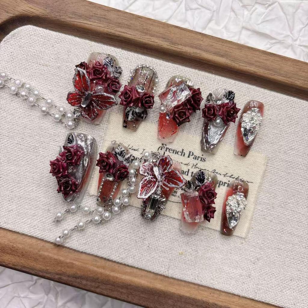 Dark Red 3D Butterfly Handcrafted Wearable Nails