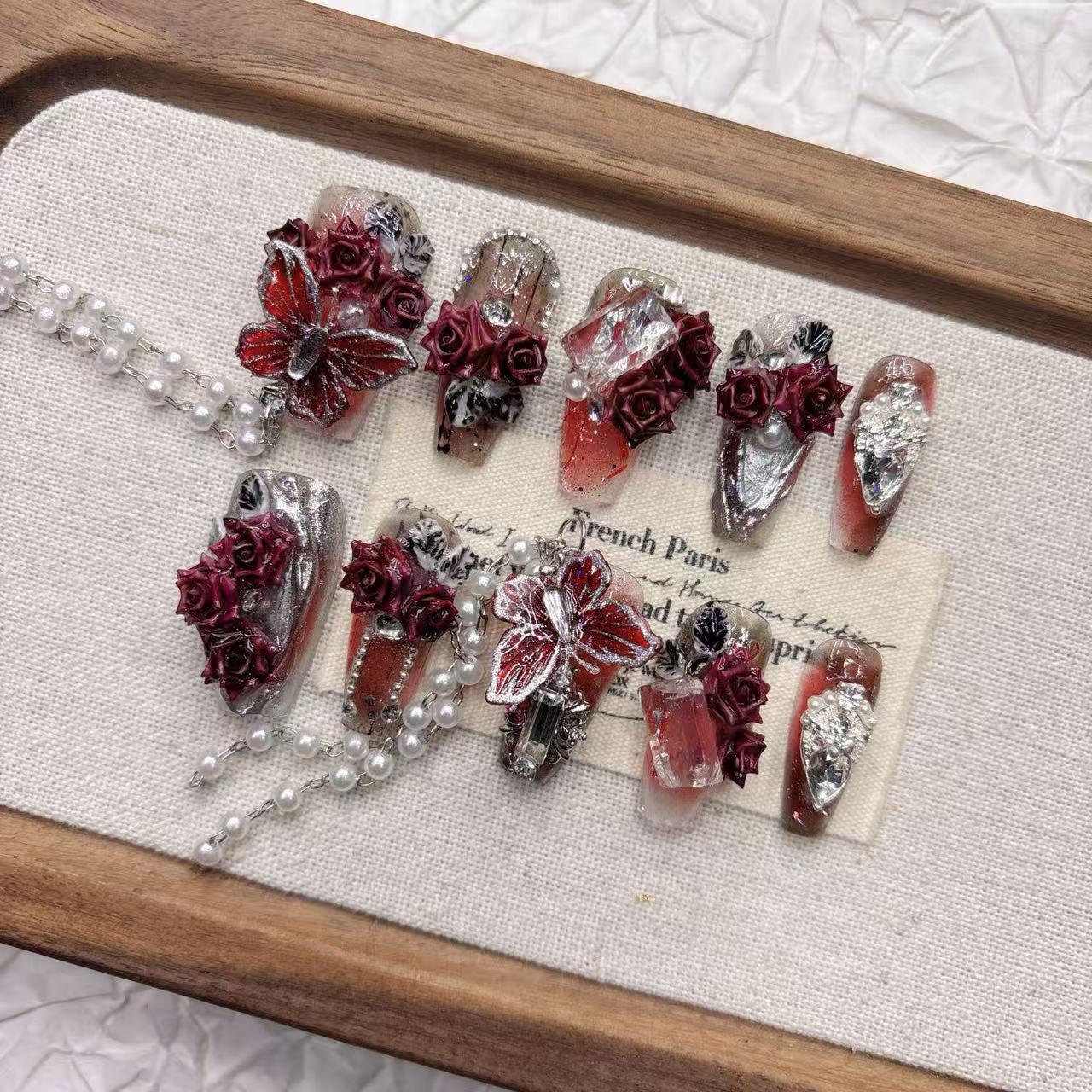 Dark Red 3D Butterfly Handcrafted Wearable Nails