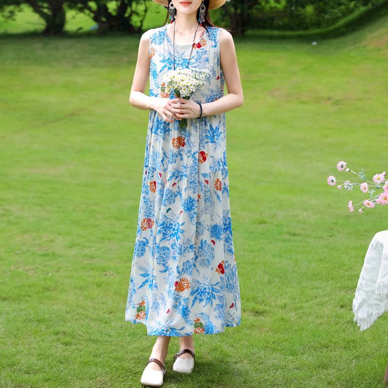 Summer  Women Plus Size Boho Dress Long Maxi Sundress Party Dress Elegant Vestidos Print O-neck High Waist Sleeveless