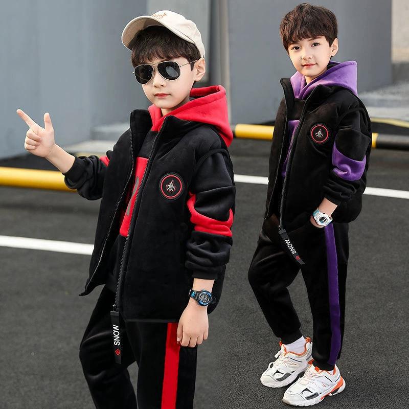 4-12 Jahre Jungen Doppelseitige Samtsets Kinder Mode Kapuzenanzug Kinder Herbst Winter Jacken+Hosen 3-teilige Outfits Teenager Freizeitkleidung