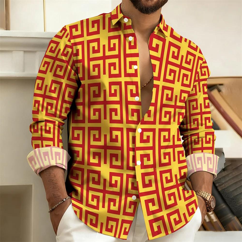 Trendy Long-sleeve Shirt with Classic Greek Key Pattern, Stylish and Versatile for Daily Wear.