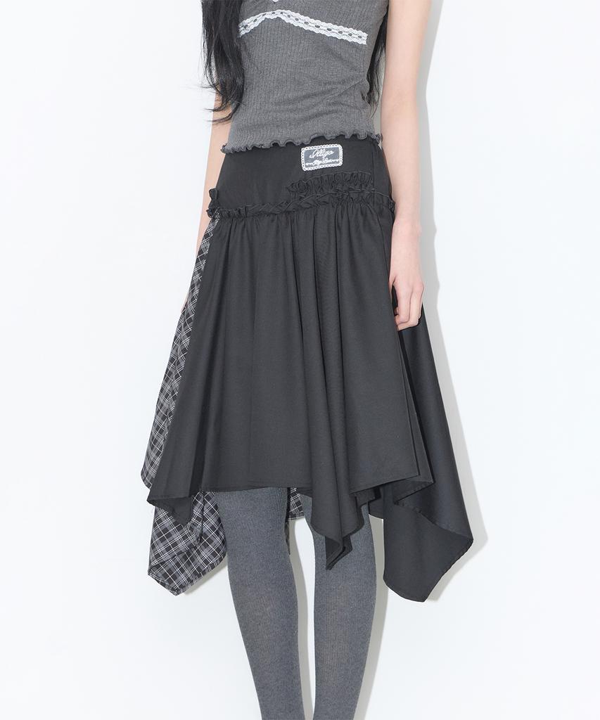 Iligo Check Color Block Midi Skirt Black