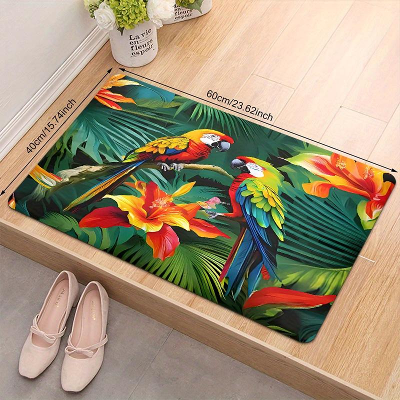 2D Flat Tropical Parrots Hibiscus Flowers Flannel Door Mat Non Slip Jungle Bird Rug for Entrance Hall Garden Home Decor