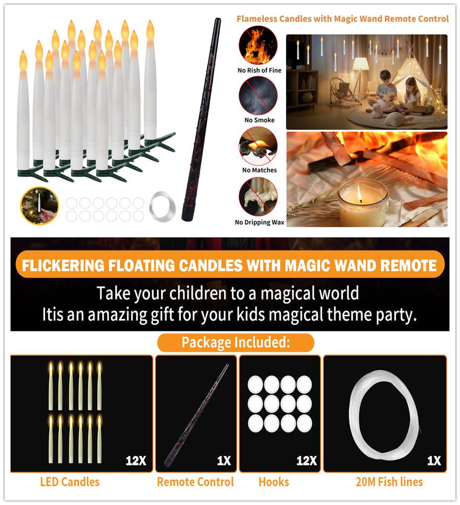 Flameless 1012Pcs Floating Candles with Magic Wand Flickering Warm Light LED Taper Candle for Christmas Halloween Party Decor