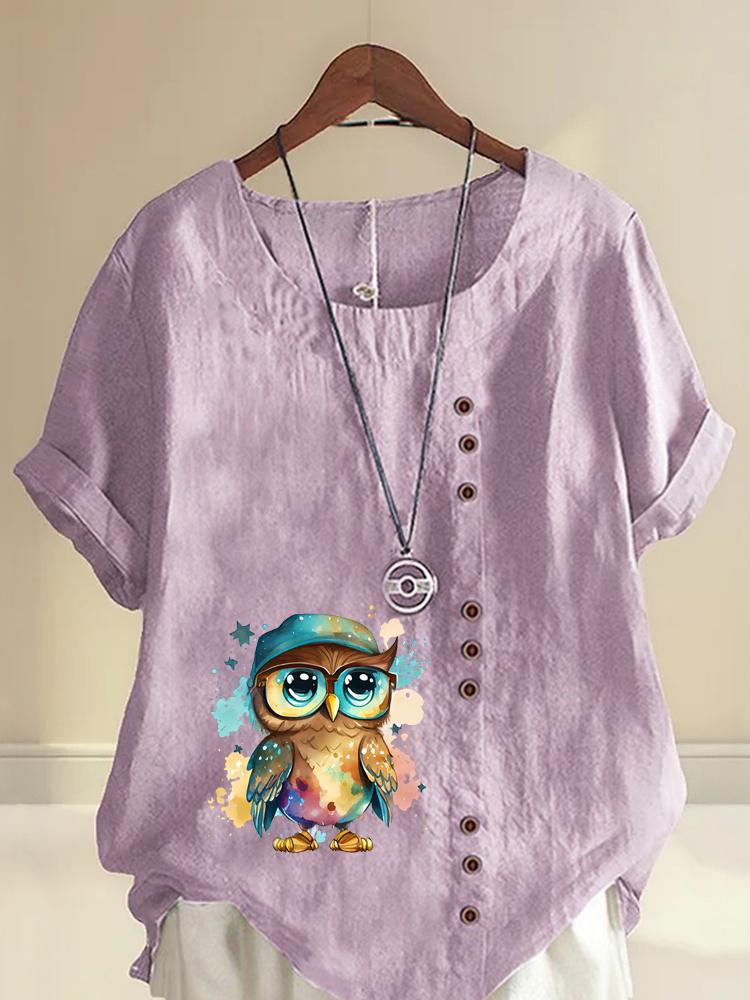 Women's Fashion Cool Owl Print Round Neck Short Sleeve T-shirt Casual Cotton Linen Graphic Shirt Leisure Loose Summer Blouse Tops