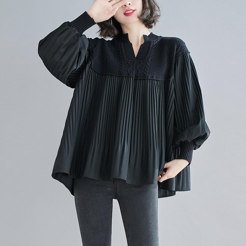 Plus Size Women Lantern Sleeve Pleated Patchwork Sweater Spring Autumn Loose Casual Knitted V-neck Shirt Oversized Tops