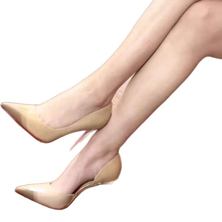 Pointed Side Empty Sexy Nude High Heels Women's Beautiful Thin Heel Temperament Black Patent Leather Single Shoes New Spring and Autumn