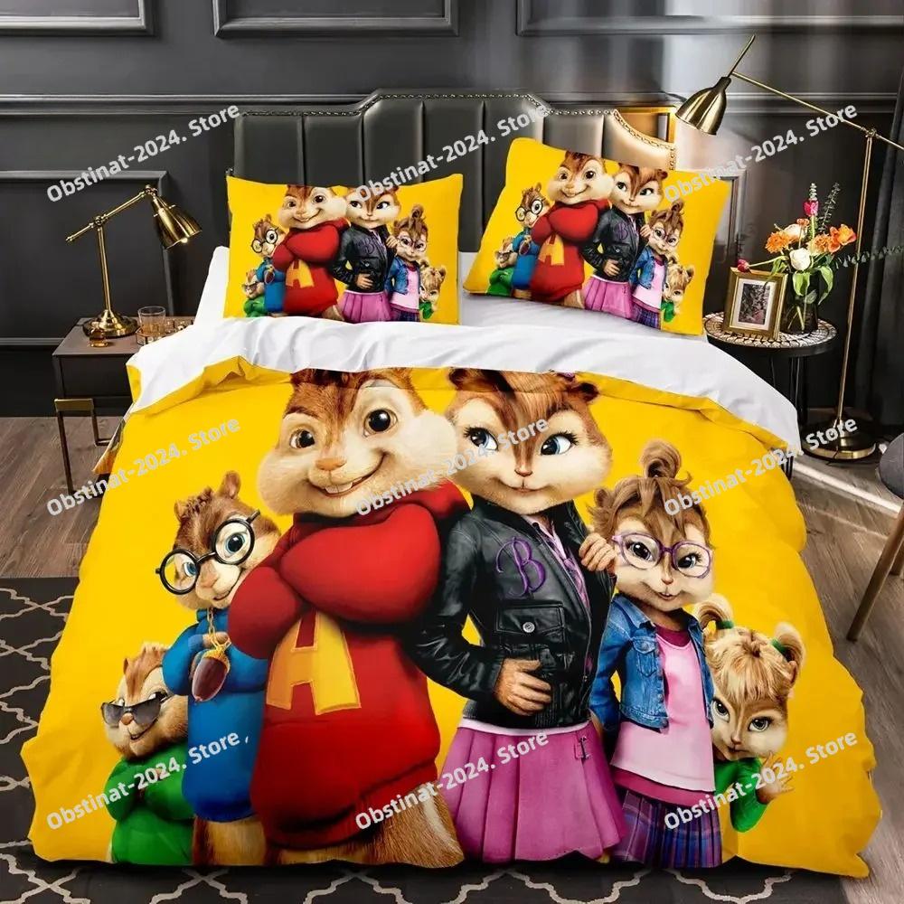 Set Biancheria da Letto 3D Cartone Animato C-Chipmunk A-Alvin Set Letto Stampato Copripiumino Lenzuolo Federa Letto Coperta Morbida Dimensioni Singolo Matrimoniale King
