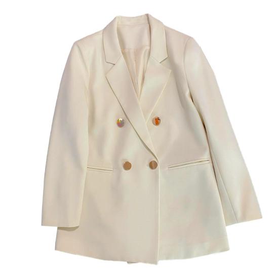 Women Suit Coat Lapel Long Sleeve Double Placket Suit Jacket with Pockets Solid Color Loose Fit Mid-length Business Outerwear