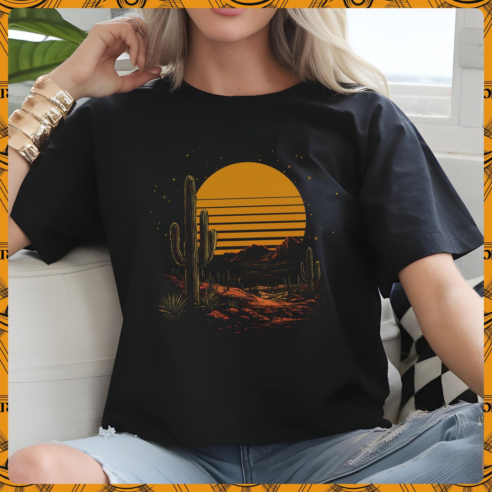 Desert Sunset Cactus T-Shirt Retro Mountain Stars Tee Sunset Stoner Rock Night Sky Shirt L