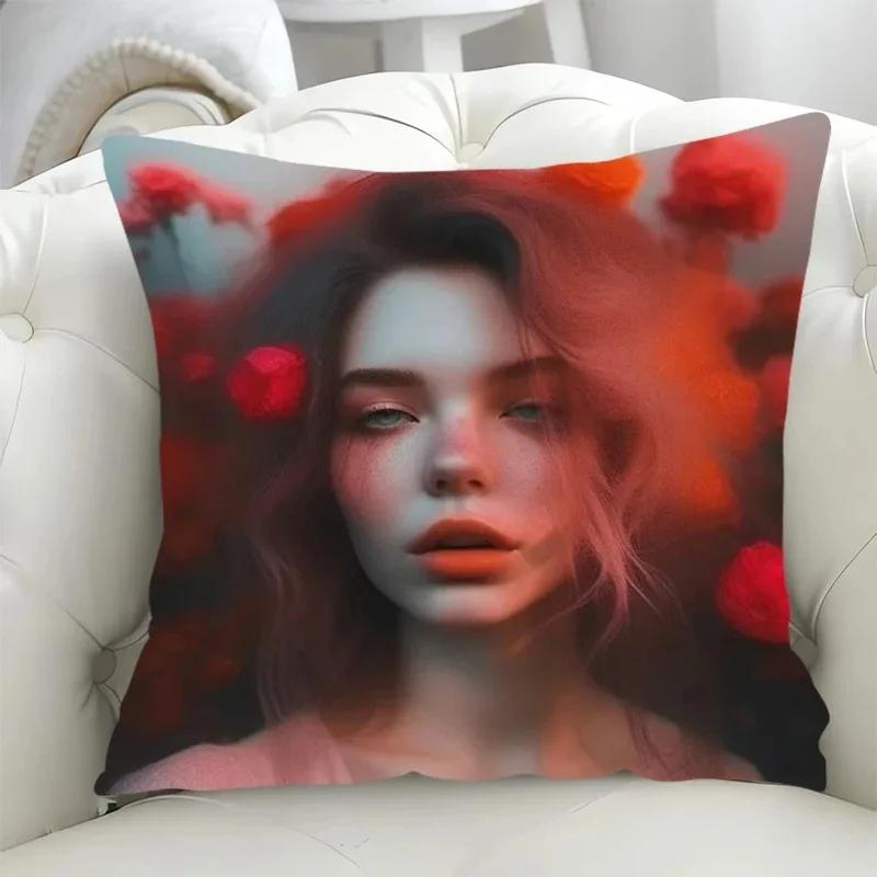 Luxury Home Decor Pillowcase Living Room Sofa Cushion Cover Rose Character Illustration Style Pattern Cushion Cover