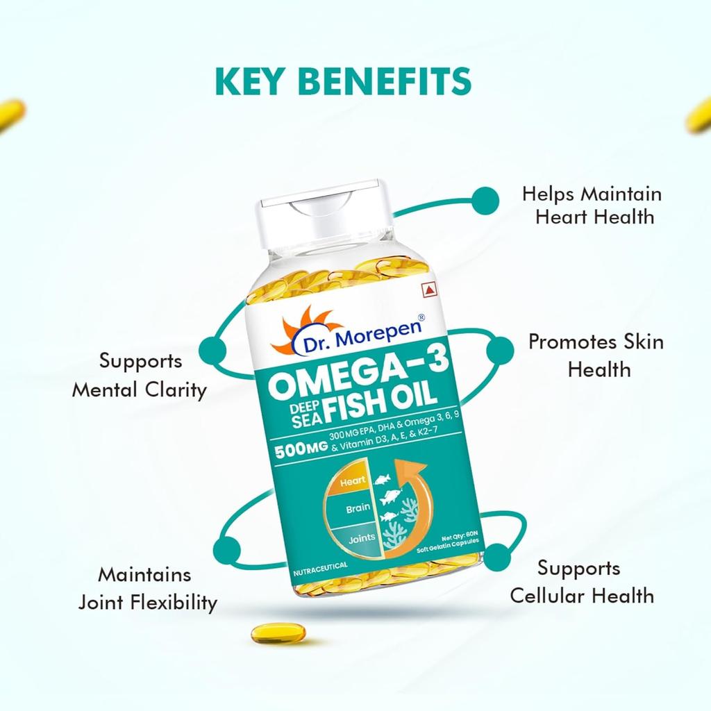 Dr. Morepen Omega 3 Fish Oil 500mg High Potency Softgels With EPA DHA And Vitamins For Daily Wellness 60 Count