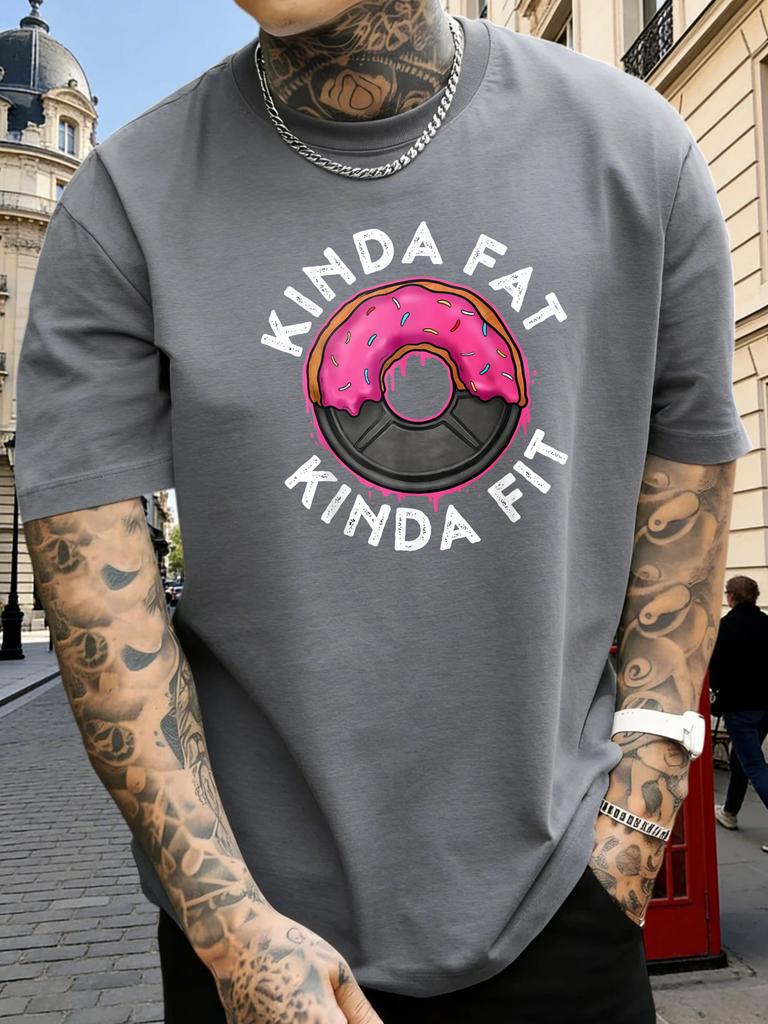 Navy Unisexs Tee Funny Donut Weight Plate Print Crew Neck Cotton Short Sleeve Fitness Male Street Summer Soft Daily Casual Wear