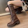Nové 2025 Podzimní Vintage Kozačky Dámské Westernové Kovbojské Kozačky Designérské Střední Podpatek Nazouvací Dlouhé Kožené Rytířské Kozačky Jezdecké Kozačky