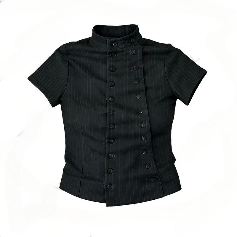 TrendHub Gothic Harajuku Y2K Women's Crop Top Casual Slim Fit Striped Lace Bow Button Design Short Sleeve T-Shirt Chic Trendy Streetwear