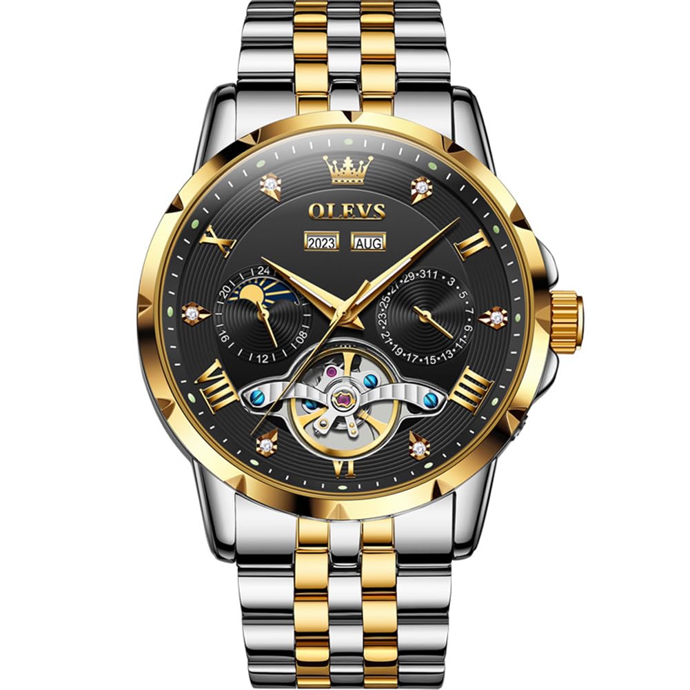 OLEVS Mechanical Automatic Winding Moon Phase Stylish Skeleton Waterproof Popular Watch Luminous Watch for Men Black Gold Men's &